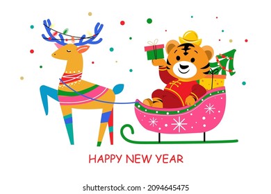 New Year card with Christmas deer and tiger on a sleigh with gifts box. Vector illustration symbol of Chinese 2022