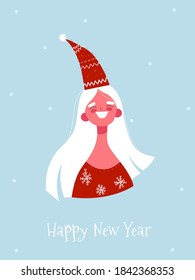 New Year Card. Christmas Postcard. Happy Girl In A New Year's Hat. Cartoon Flat Style. Trend illustration. Vector stock