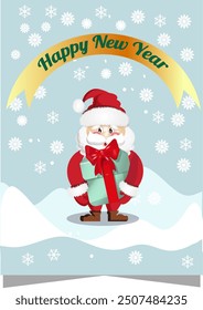 new year card ,christmas santa with present, yappy new year ribbon, blue background