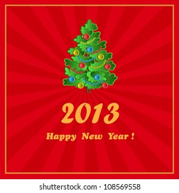 New Year card with christmas tree  on the red background