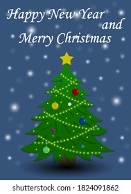 New Year card. Christmas card. New Year tree with garland and Christmas decorations. Congratulatory signature. Snow. Background. Vector illustration