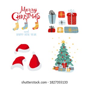 New Year card with Christmas tree, santa hat and presents. Elements for a festive design. Flat vector illustration. Cartoon style. Christmas tree with gifts