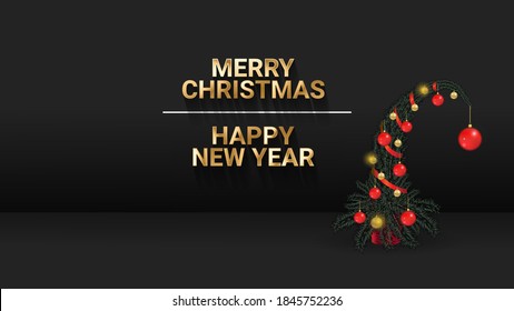 New year card with christmas tree on black background. Realistic postcard for congratulations. Red and gold balls on the tree. Merry christmas. Vector