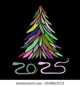 New Year Card with Christmas Tree and Snakes bottom on black background, vector illustration