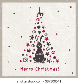 New Year card with Christmas tree and rabbits in vintage style. Vector 