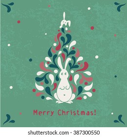New Year card with Christmas tree and rabbits in retro style. Vector 