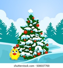 New Year card. Christmas tree on the background of a winter landscape. Chicken in the snow under the Christmas tree.