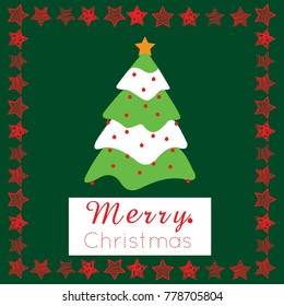 New Year card with Christmas tree snow and red stars