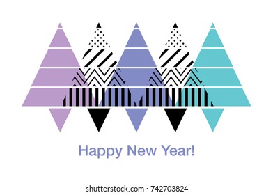 New Year card. Christmas trees of pastel colors with geometric patterns. Vector illustration. Polka dot and stripes on a colorful background.