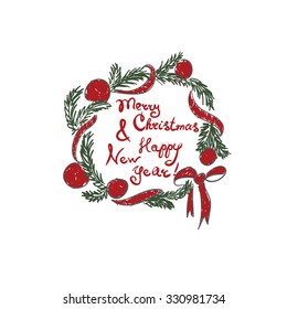 New Year card. Christmas wreath.