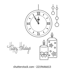 Tarjeta de Año Nuevo. Reloj y velas. Ilustración vectorial en blanco y negro. Colores.