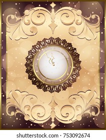 New Year card with a clock and decorations with toys, bow and frame ornament background