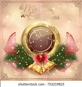 New Year card with a clock and decorations with toys, bow and frame ornament background