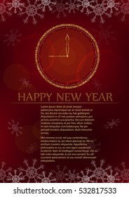 New Year card with clocks and text pattern on red background with snowflakes.