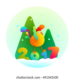 New Year card with colorful funny rooster, christmas-trees, snow and figures 2017. Holiday vector illustration in cartoon style. Chinese symbol of new year - fire cock. EPS 10.