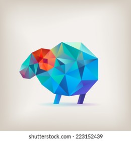 New year card with colorful sheep made of colorful triangles. Vector illustration.