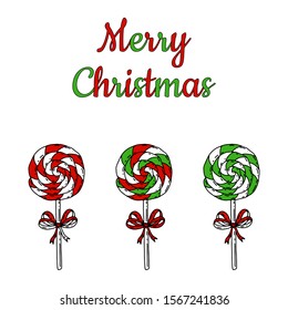 New year card concept with space for text. Spiral lollipops with . Multicolored candies hand drawn and isolated on white background.