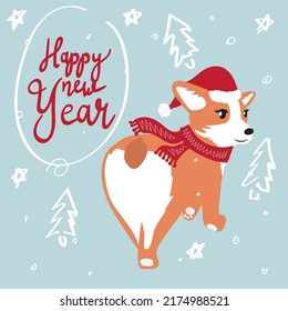 New Year card with corgi. Cute holiday card.