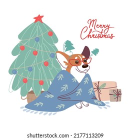 New year card with corgi dog near christmas tree. Vector greeting card in flat style with lettering Merry Christmas