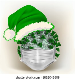 New Year card, coronavirus Covid-19 with medical mask and Xmas Santa Claus hat. vector illustration