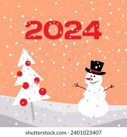 New Year card cover with snowman and Christmas tree. Peach fuzz background with Cartoon Snowman and Christmas tree. Banner template. Vector illustration can used web site, brochure, poster, social