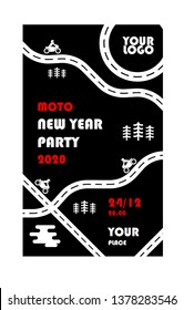 New Year card. Cristmas party invitation. Brutal style. Automobile and motocycle theme. Road card, road map with elements 