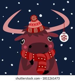 New Year card of a cute bull in a hat and a scarf. The symbol of the New Year 2021. Vector illustration.