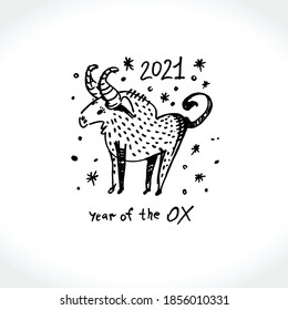 New Year card with cute bull and snowflakes. Year of the Ox. 2021. Hand drawn cartoon illustration sketch postcard.