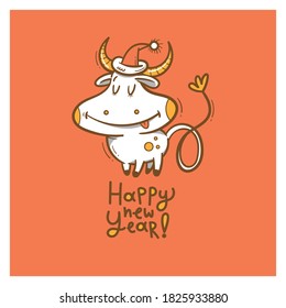 New Year card with cute cartoon bull. Chinese calendar symbol. Vector holiday poster. Funny animal. Contour  doodle colorful image.