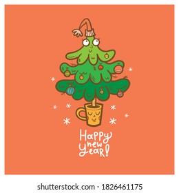 New Year card with  cute cartoon fir tree in  hat. Merry Christmas and Happy Holidays. Vector contour colorful image.