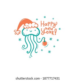 New Year card with  cute cartoon jellyfish in  hat. Merry Christmas and Happy Holidays poster. Vector doodle print.