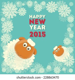 New Year Card with Cute Cartoon Two Sheeps. Symbol of 2015 year. Year of the Sheep. Vector Illustration.