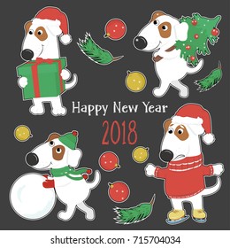 New year card with cute cartoon dogs. Sticker. Vector illustration.