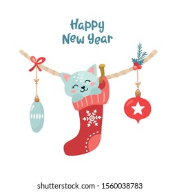 New Year card with a cute cat in a sock. Festive garland with Christmas decor and balls. Cute New year character. 