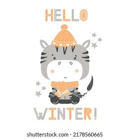 New Year card with a cute character, hello winter