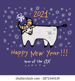 New Year card with cute cow and snowflakes. Year of the Ox. 2021. Greeting illustration of year of the Ox. Hand drawn cartoon illustration postcard.