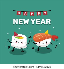 New Year Card With Cute Dancing Sushi Illustration Vector