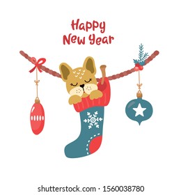 New Year card with a cute dog in a sock. Festive garland with Christmas decor and balls. Cute New year character. 