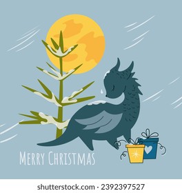 New Year card with cute dragon. Forest, moon, gifts. Biue background in vector.