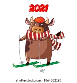 New Year card. A cute goby in a red striped scarf goes for a drive on green skis. Caption above the photo: 2021. The bull is the symbol of 2021 in the Chinese calendar. Vector illustration.