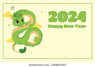 new year card with cute green dragon Happy New Year 2024. Vector Chinese New Year 2024 horoscope sign