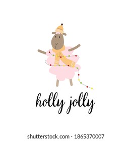 
new year card with a cute lamb in a hat and scarf. print for design of t-shirts, gifts, children's things