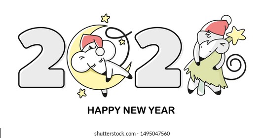 New Year card with cute mice. mouse sleeps on a cheese moon. A mouse hugs a Christmas tree. Template for greeting card, banner, flyer. Chinese new year concept 