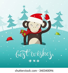 New Year card with cute monkey - the symbol of 2016. Vector illustration with place for text. EPS10.