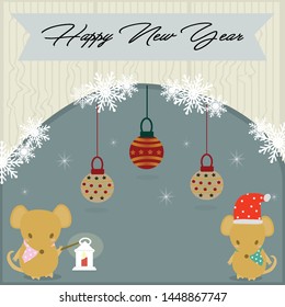 new year card cute mouse holding lamp and wood background celebration.Rat stand under christmas balls.