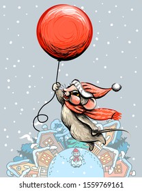 New Year card with a cute mouse flying on a red ball. Artistic winter snow card with a mouse flying on a red ball over houses in pastel colors.