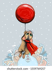 New Year card with a cute mouse flying on a red ball. Artistic winter snow card with a mouse flying on a red ball over houses in pastel colors.