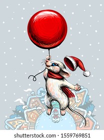 New Year card with a cute mouse flying on a red ball. Artistic winter snow card with a mouse flying on a red ball over houses in pastel colors.