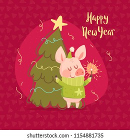 New Year Card with Cute Pig and Christmas Tree