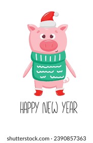 New Year card with cute pig in christmas red hat and boots. Vector